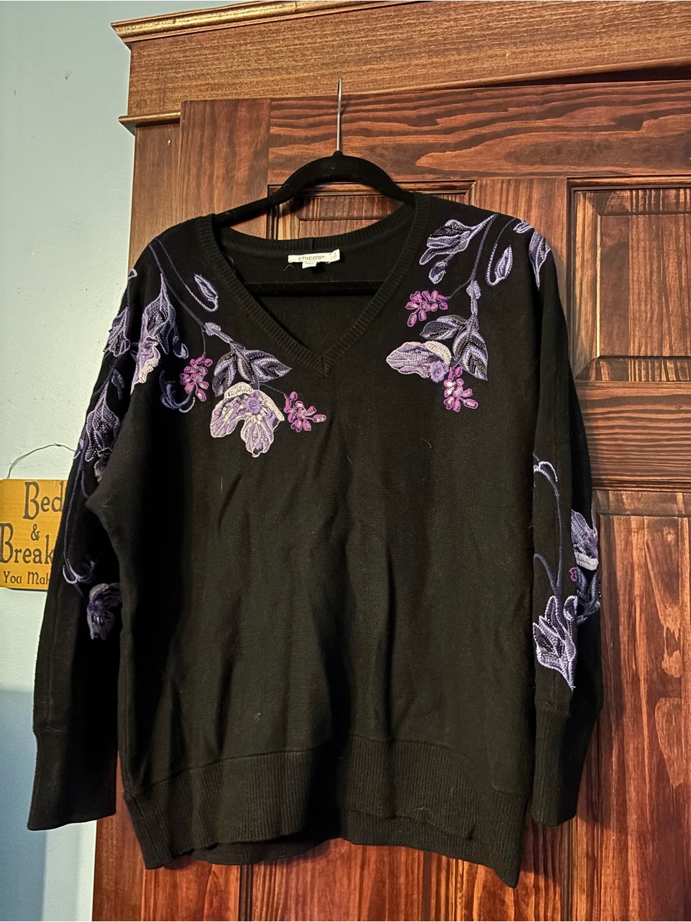 Chico's Black V-Neck Sweater with Purple Floral Embroidery